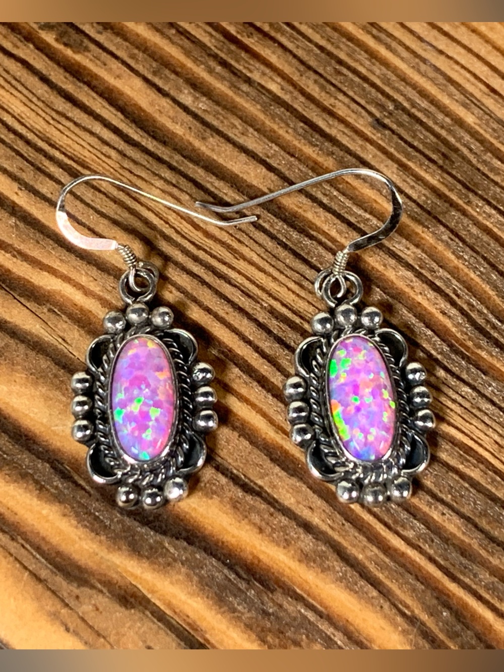 Navajo Running Bear RB Signed Pink Opal Sterling Silver Earrings